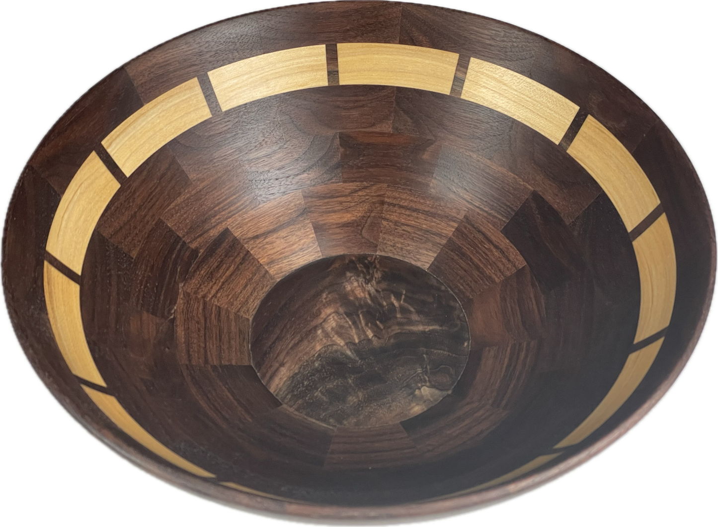 Large Segmented Walnut Bowl with Maple Accents